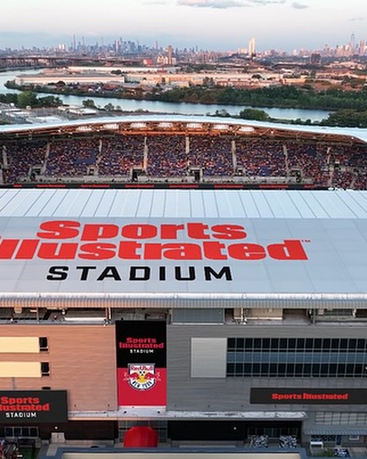 Sports Illustrated Stadium exterior aerial with the Manhattan skyline